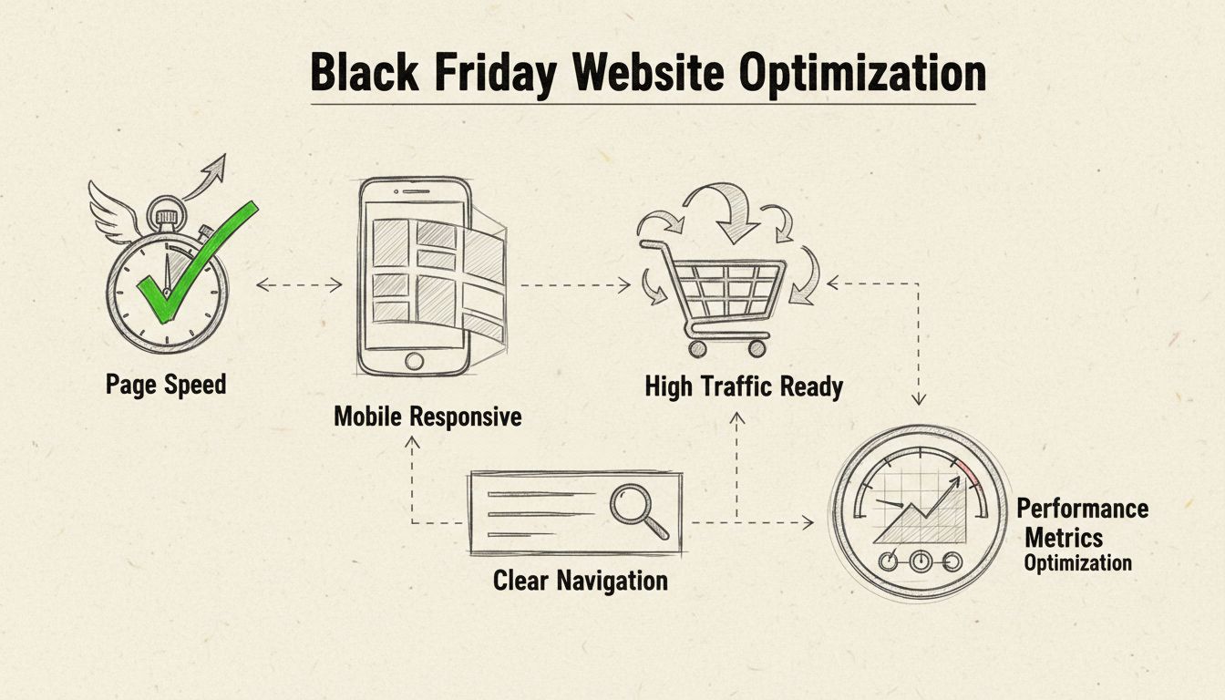Diagrama de optimización web que muestra velocidad de página, adaptabilidad móvil, navegación clara y preparación para alto tráfico en Black Friday