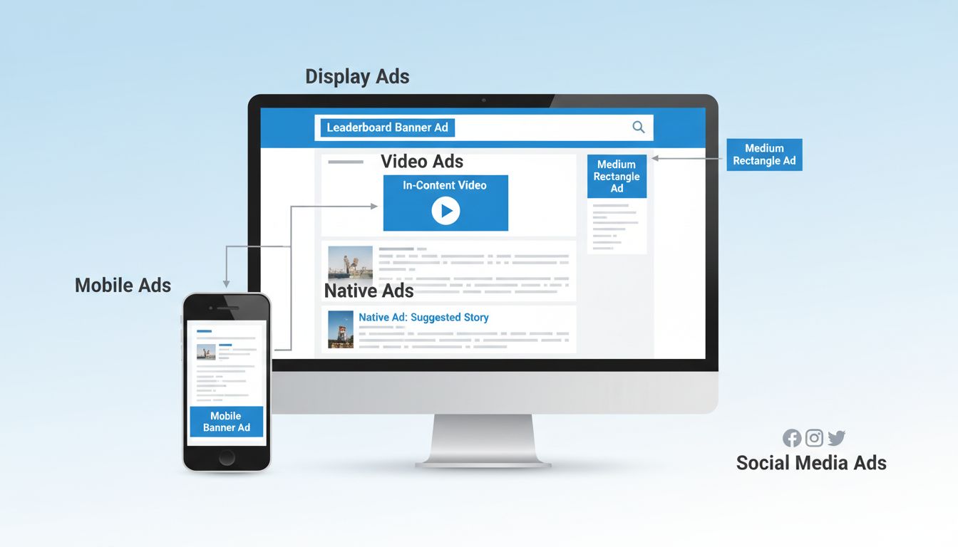 Diagrama de tipos de ubicación de anuncios de marketing digital mostrando diferentes formatos de anuncios en sitios web y diseños móviles