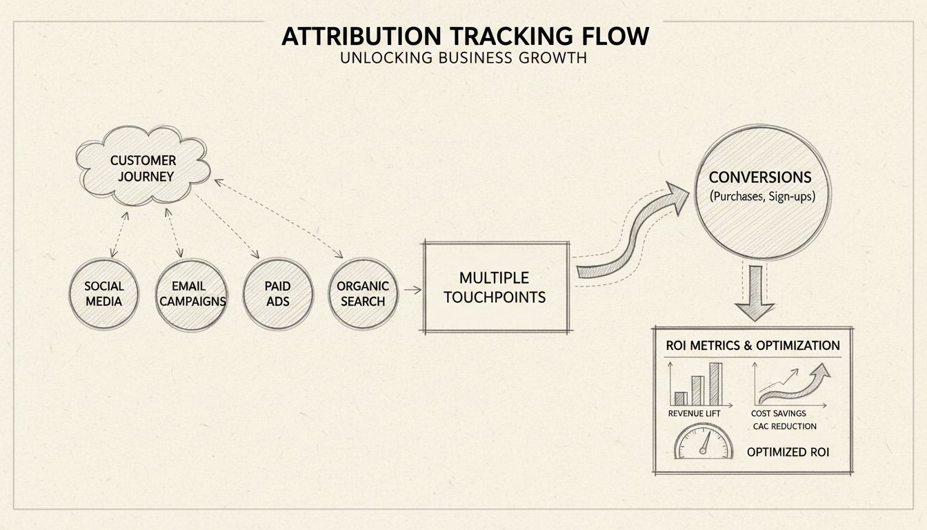 Diagrama de flujo del seguimiento de atribución que muestra el recorrido del cliente a través de múltiples puntos de contacto, incluyendo redes sociales, email, anuncios pagados y búsqueda orgánica, conectando con conversiones y métricas de ROI