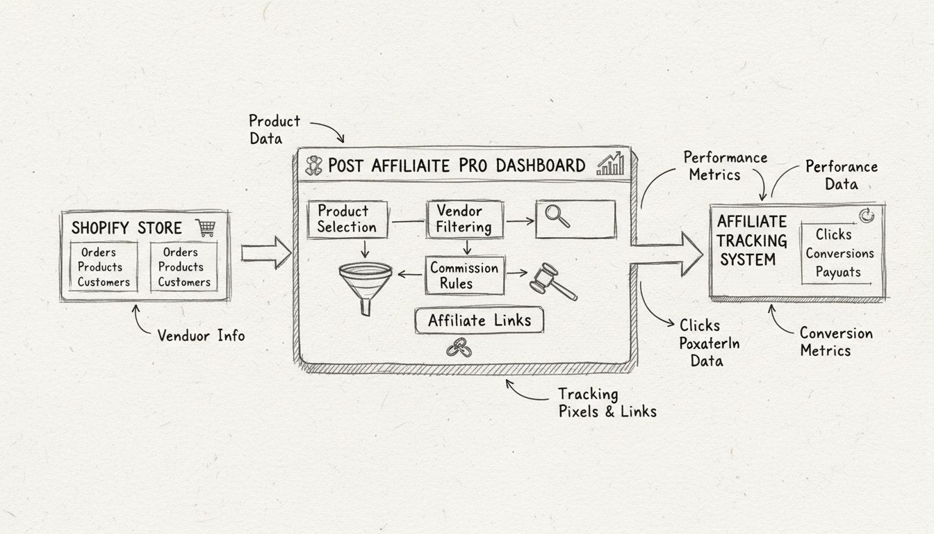 Diagrama de flujo de integración de Shopify mostrando el seguimiento de productos, filtrado por proveedor y configuración de reglas de comisión