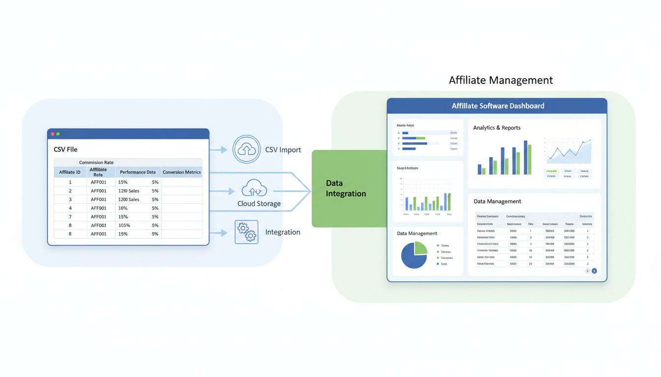 Integración de archivos CSV con software de afiliados mostrando importación de datos y análisis en panel de control