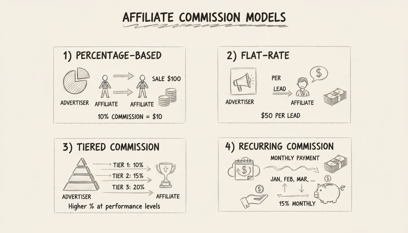 Diagrama dibujado a mano que muestra los cuatro principales modelos de comisión de afiliados: porcentaje, tarifa fija, escalonada y recurrente, con etiquetas claras y flechas de flujo de dinero