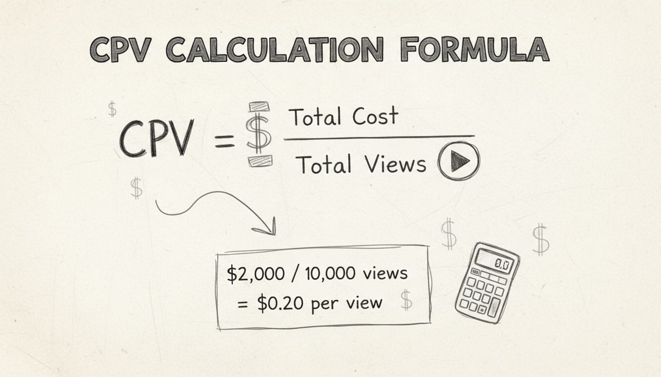 Diagrama de la fórmula de cálculo de CPV mostrando Coste Total dividido entre Total de Visualizaciones igual a CPV por visualización