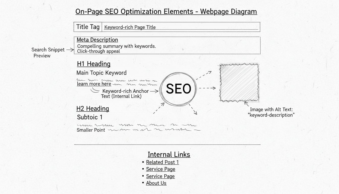 Diagrama a mano alzada que muestra elementos del SEO on-page, incluyendo etiqueta de título, meta descripción, encabezado H1, colocación de palabras clave, encabezados, texto alternativo y enlaces internos en el diseño de una página web