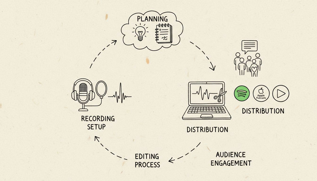 Diagrama a mano alzada que muestra el flujo de producción de un podcast desde la planificación, grabación, edición, distribución en plataformas y compromiso de la audiencia