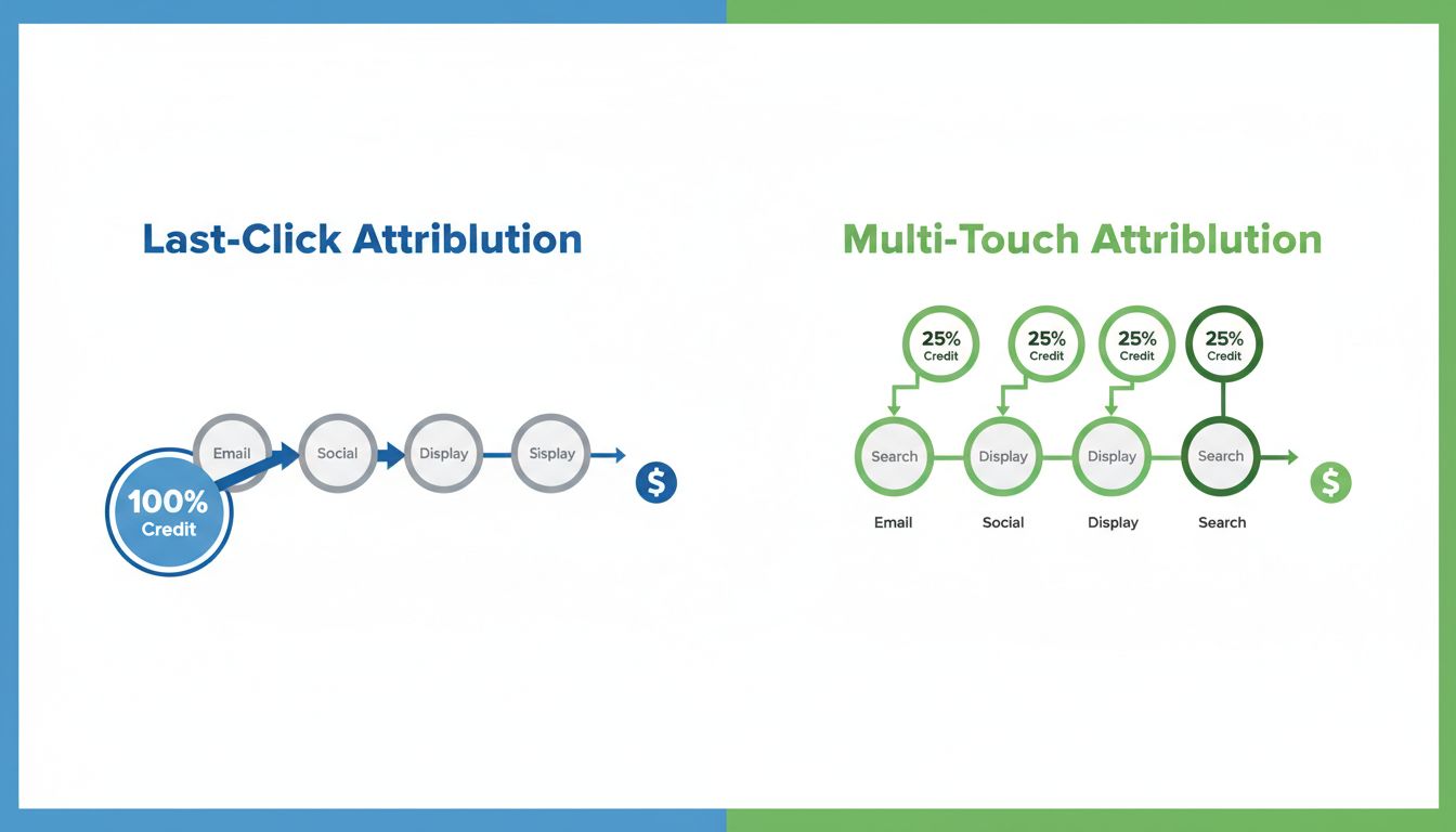 Comparación de modelos de atribución de último clic vs atribución multi-touch mostrando la distribución del crédito