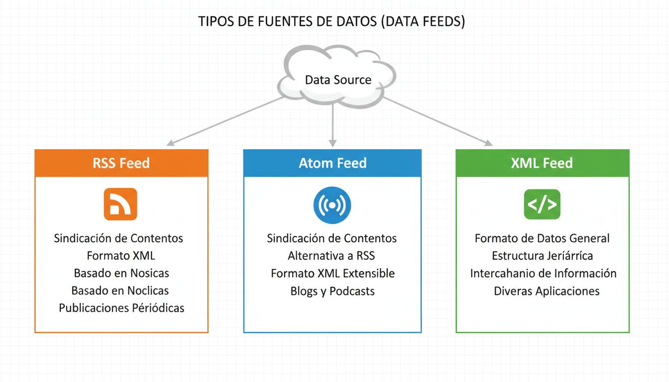 Diagrama que muestra tres tipos de feeds de datos: RSS, Atom y XML con sus características