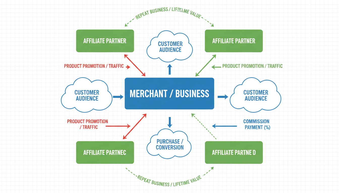 Diagrama que muestra el flujo de trabajo del marketing de afiliados y la estructura de comisiones con el comerciante en el centro, múltiples socios afiliados, flujo de promoción, compras de clientes y pagos de comisiones