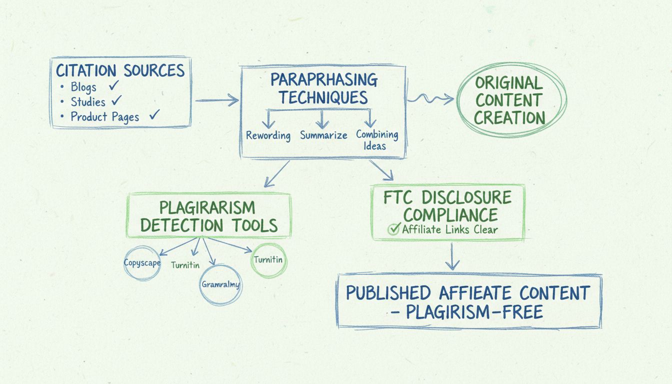 Diagrama de flujo para la prevención del plagio que muestra fuentes citadas, técnicas de parafraseo, herramientas de detección de plagio y pasos de cumplimiento de la FTC