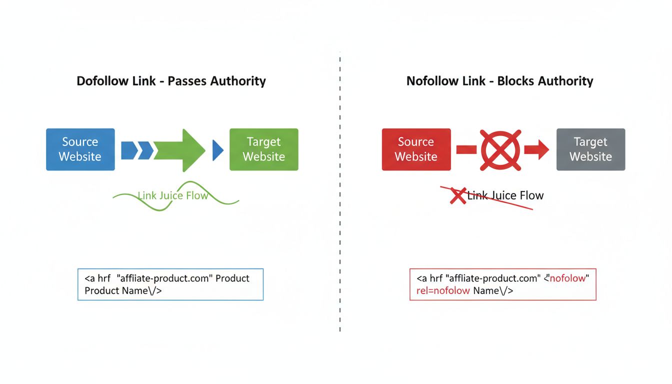 Diagrama técnico que muestra la diferencia entre enlaces nofollow y dofollow en el marketing de afiliados con flecha verde para dofollow que transmite autoridad y flecha roja bloqueada para nofollow