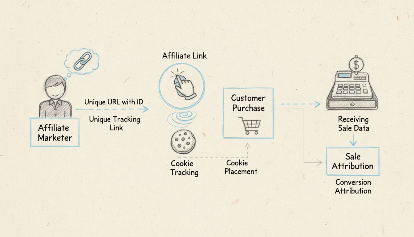 Diagrama de flujo de seguimiento de ventas de afiliados que muestra enlaces únicos, seguimiento por cookie, compra del cliente y atribución de la venta