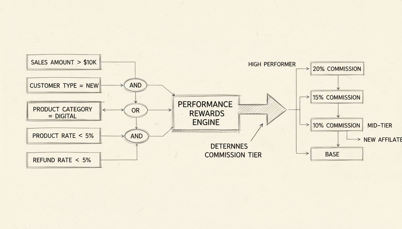 Diagrama de flujo de Recompensas por Desempeño de múltiples condiciones mostrando cómo se combinan las condiciones para determinar los niveles de comisión
