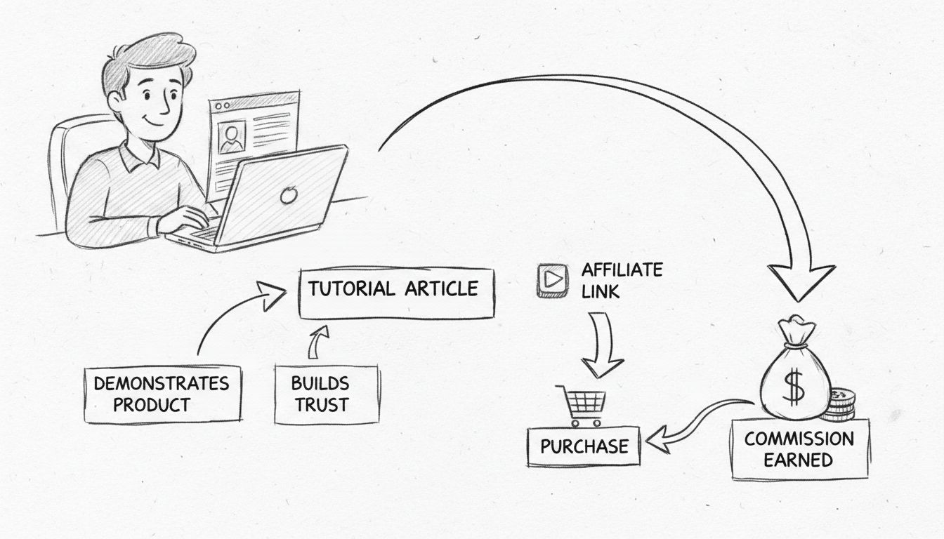 Diagrama dibujado a mano que muestra el flujo de un artículo tutorial hacia la comisión de afiliado: el lector aprende del tutorial, hace clic en el enlace de afiliado, realiza la compra y gana la comisión