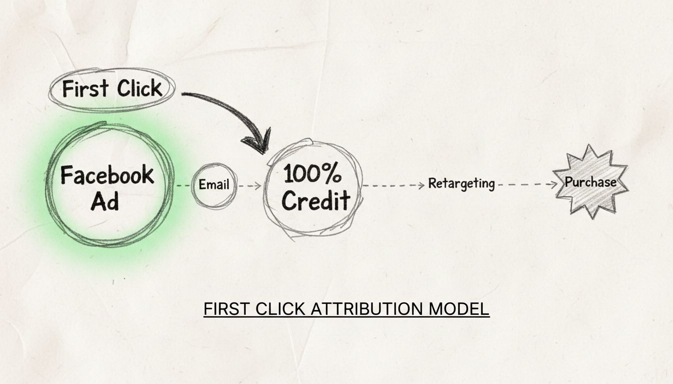 Diagrama del modelo de atribución por primer clic que muestra el recorrido del cliente con múltiples puntos de contacto y el 100% del crédito asignado al primer clic