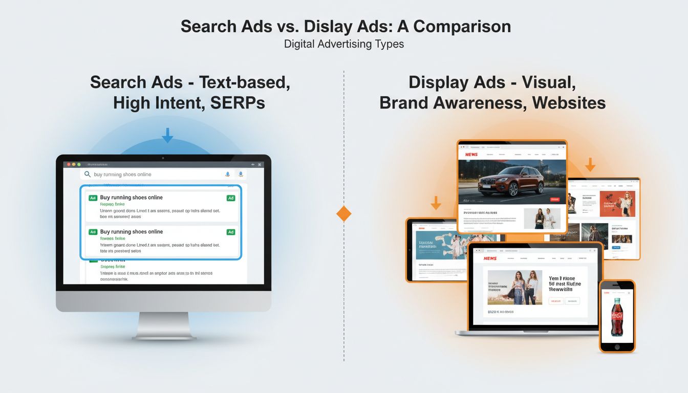 Comparison diagram of Search Ads vs Display Ads showing text-based search results and visual banner advertisements