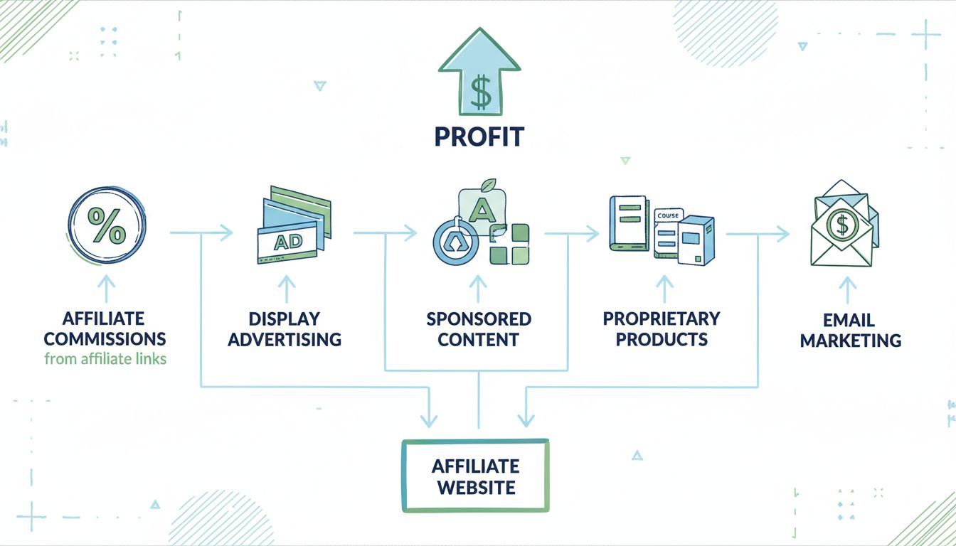 Infografía de fuentes de ingresos de sitios de afiliados mostrando comisión, publicidad, contenido patrocinado, productos propios y marketing por correo electrónico