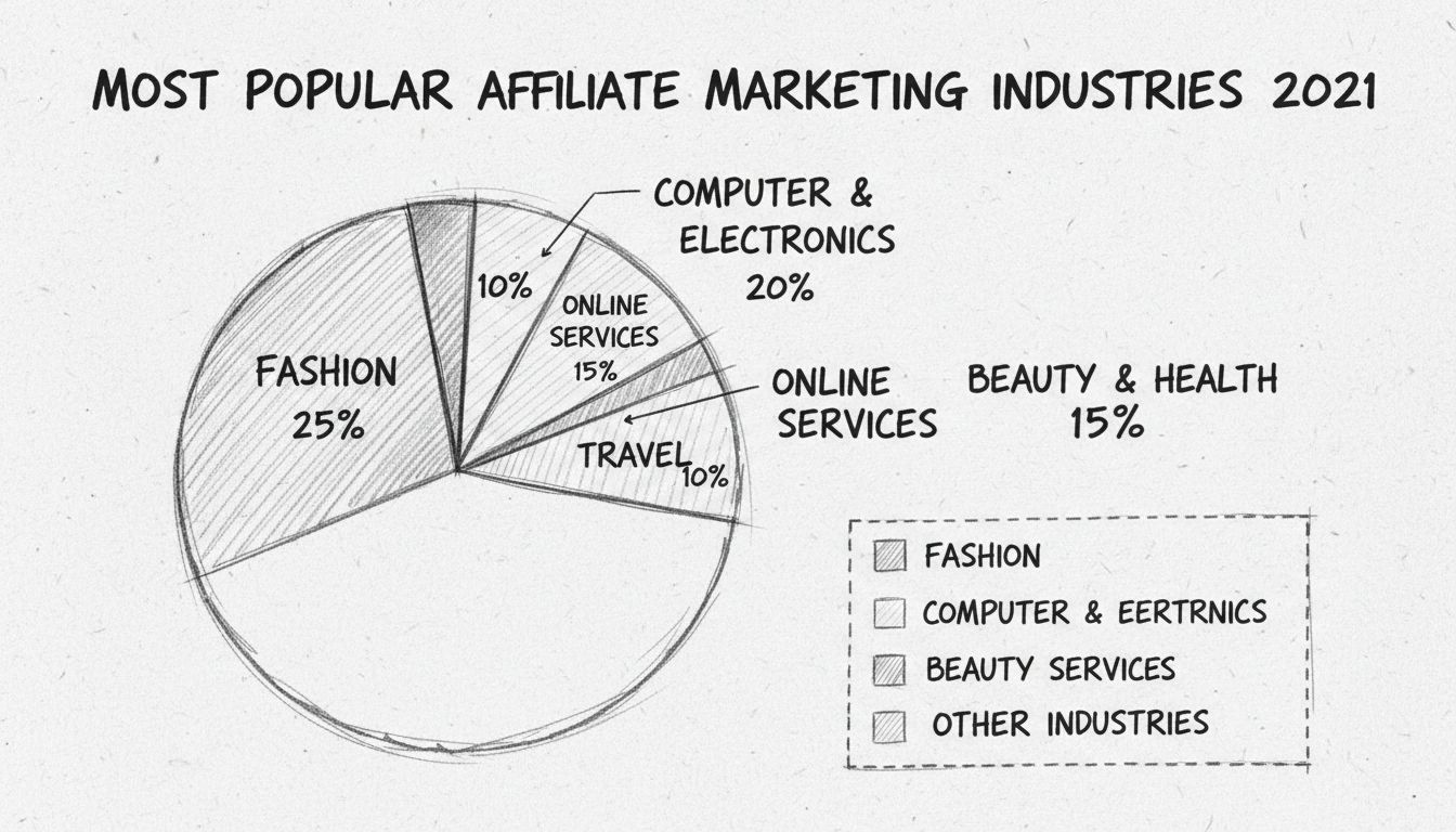 Gráfico circular dibujado a mano que muestra el desglose de la industria del marketing de afiliados en 2021 con Moda al 25%, Computadoras y Electrónica al 20%, Servicios Online al 15%, Belleza y Salud al 15%, Viajes al 10% y Otras Industrias al 15%