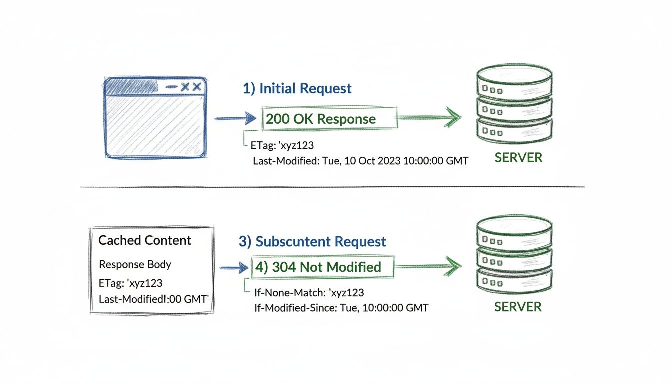 Diagrama de flujo de caché HTTP que muestra el proceso de validación de cabeceras ETag y Last-Modified con la comunicación entre navegador y servidor