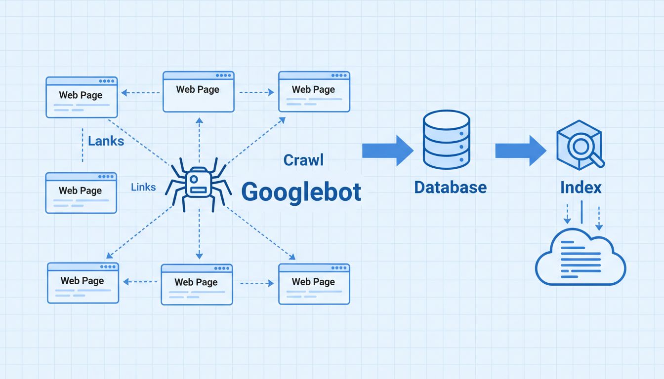 Diagrama técnico que muestra a Googlebot rastreando páginas web interconectadas con indexación en base de datos y seguimiento de enlaces