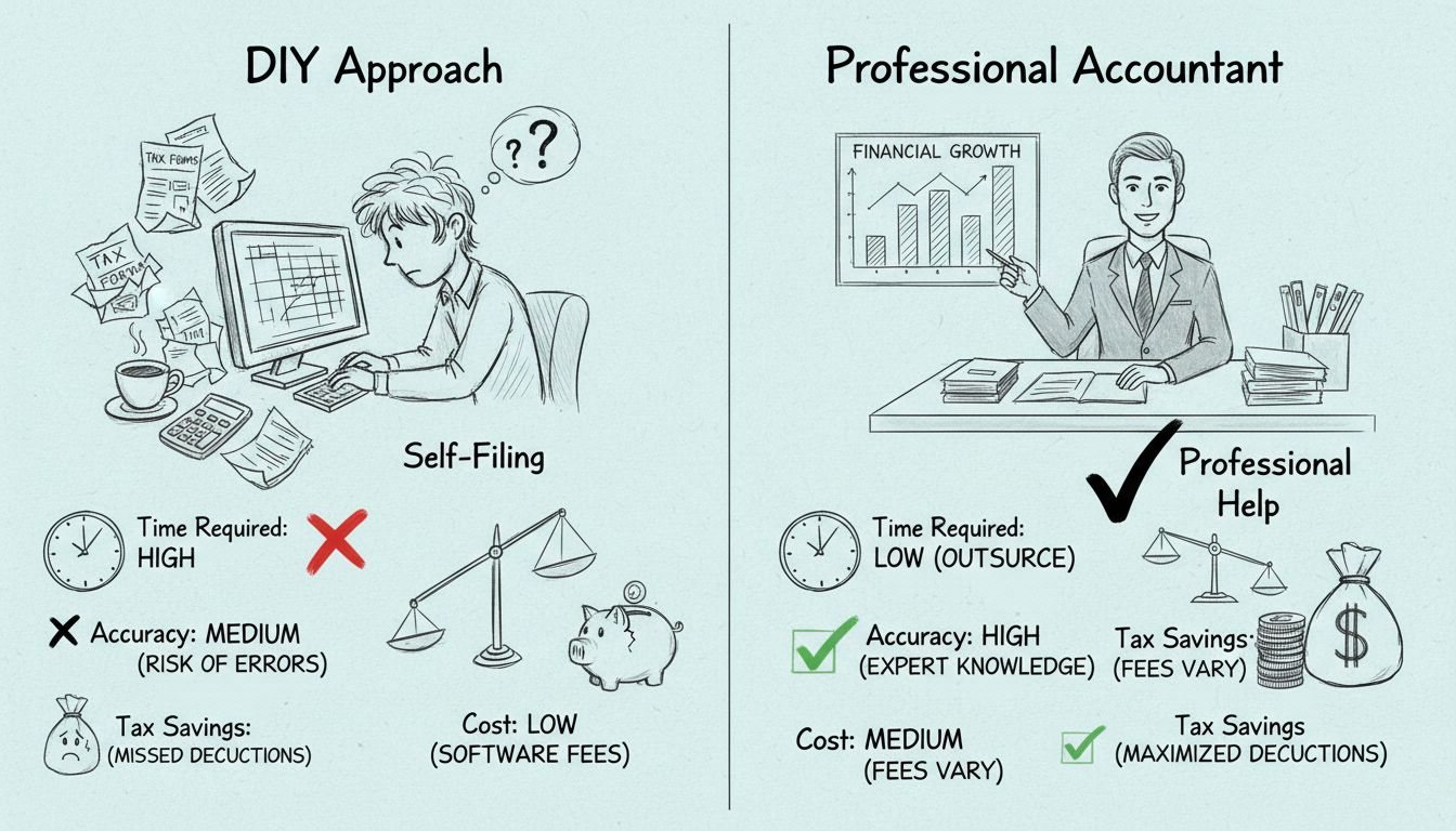 Diagrama comparativo que muestra la declaración de impuestos DIY frente a la contratación de un contador profesional para los impuestos de marketing de afiliados