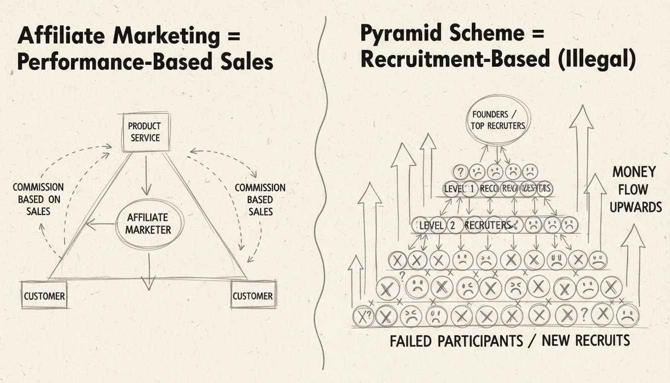 Diagrama hecho a mano comparando estructuras de marketing de afiliados vs esquemas piramidales