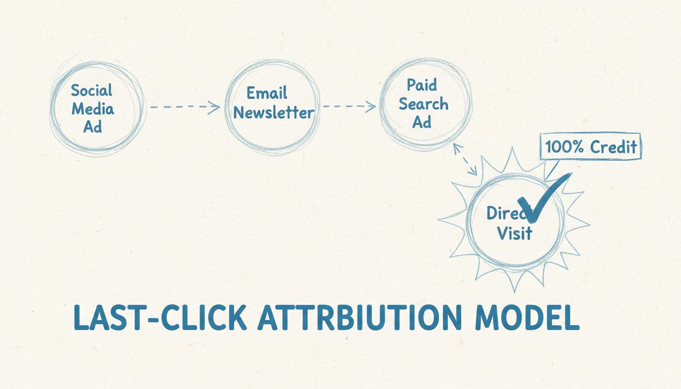 Modelo de atribución de último clic mostrando el recorrido del cliente con múltiples puntos de contacto y el 100% del crédito asignado a la interacción final