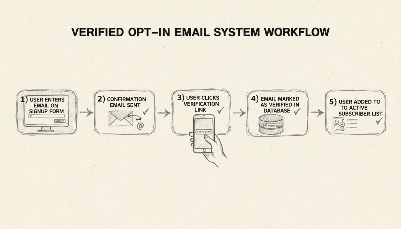 Diagrama del flujo de trabajo de opt-in verificado mostrando registro por email, entrega de correo de confirmación, clic en enlace de verificación, actualización de estado en la base de datos y activación en la lista de suscriptores