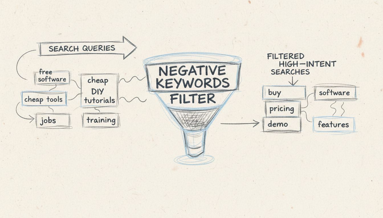 Diagrama hecho a mano que muestra el proceso de filtrado con palabras clave negativas: búsquedas irrelevantes a la izquierda se filtran a través de un embudo mostrando solo búsquedas relevantes y con alta intención a la derecha