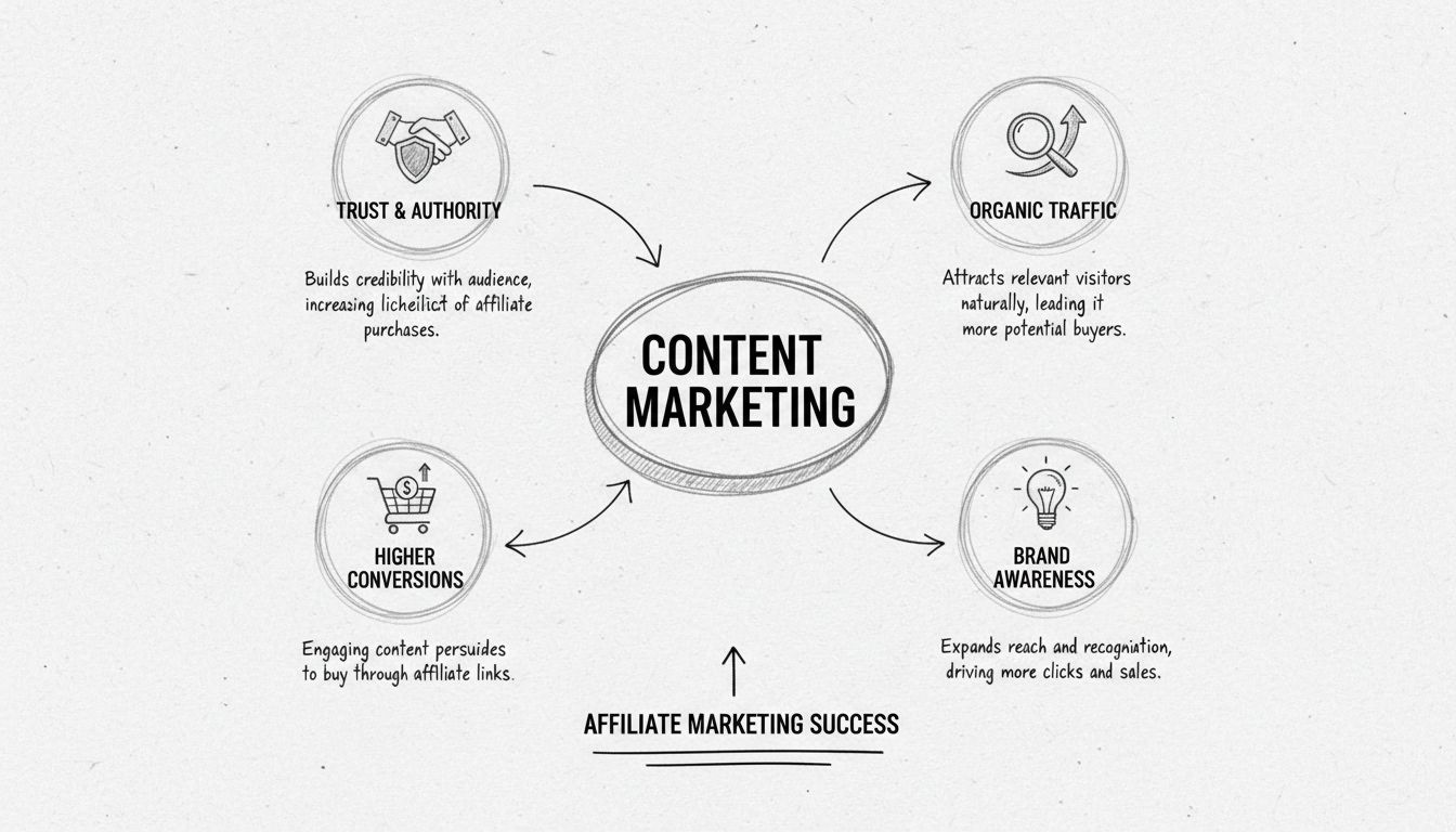 Diagrama hecho a mano que muestra el marketing de contenidos conectado con confianza, tráfico orgánico, conversiones y reconocimiento de marca