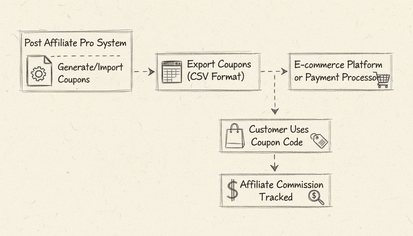 Diagrama del flujo de trabajo de exportación de cupones que muestra el proceso desde Post Affiliate Pro hasta la exportación a la plataforma de comercio electrónico y el seguimiento de comisiones de afiliados
