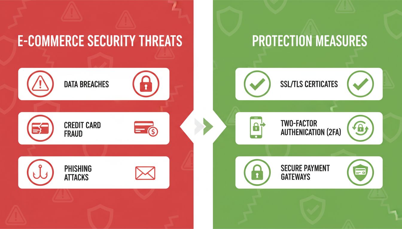 Infographic showing e-commerce security threats including data breaches, credit card fraud, phishing attacks and protective measures like SSL certificates and two-factor authentication