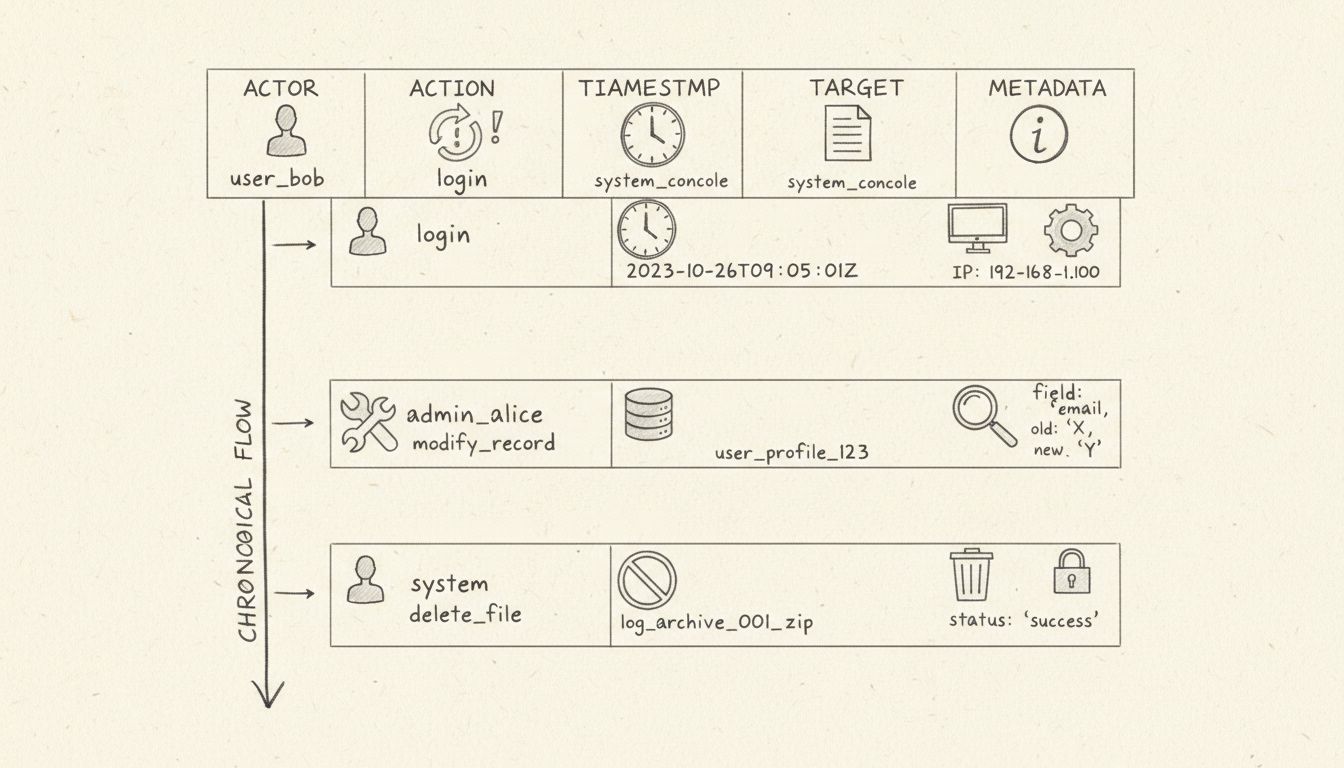 Diagrama de la estructura de un registro de auditoría que muestra los componentes Actor, Acción, Marca de tiempo, Objetivo y Metadatos en orden cronológico