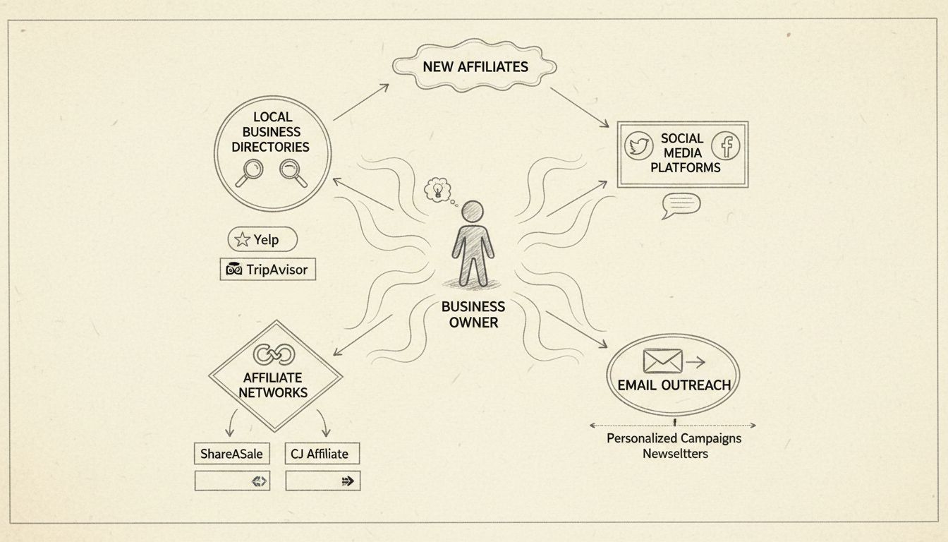 Diagrama hecho a mano que muestra múltiples canales de descubrimiento de afiliados, incluyendo directorios locales, plataformas sociales, redes de afiliados y campañas de email