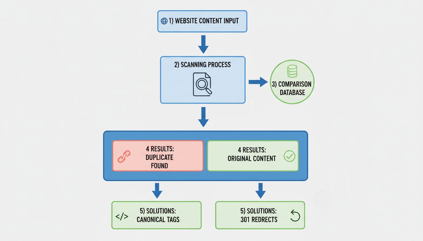 Diagrama del flujo de trabajo de comprobación de contenido duplicado mostrando el proceso de escaneo, base de datos de comparación y soluciones