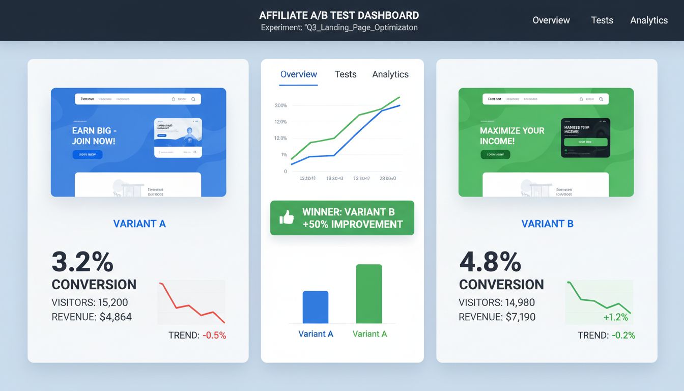 Panel de pruebas A/B mostrando resultados de tests divididos con tasas de conversión y métricas de rendimiento para campañas de marketing de afiliados