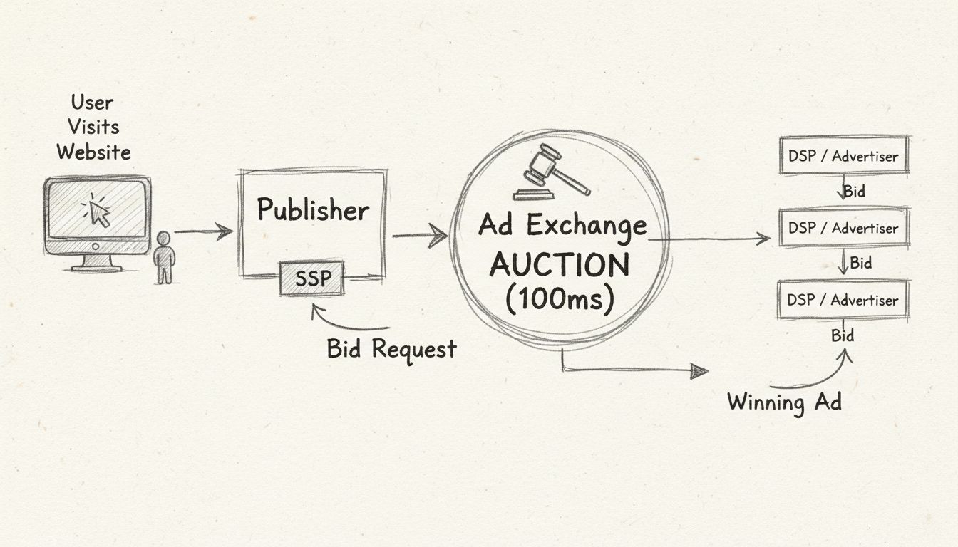 Diagrama de flujo del proceso de puja en tiempo real mostrando usuario, editor, SSP, exchange de anuncios y múltiples anunciantes pujando en milisegundos