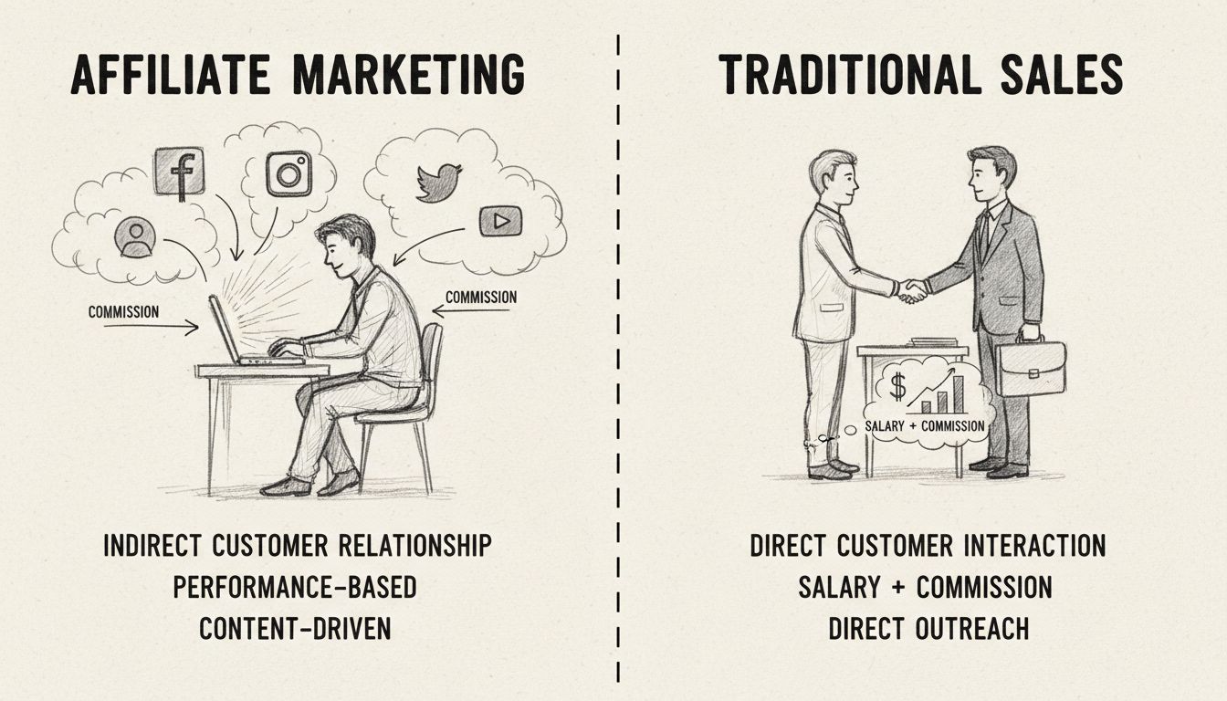 Diagrama a mano comparando marketing de afiliados vs ventas tradicionales mostrando diferencias clave en relación con el cliente, compensación y control