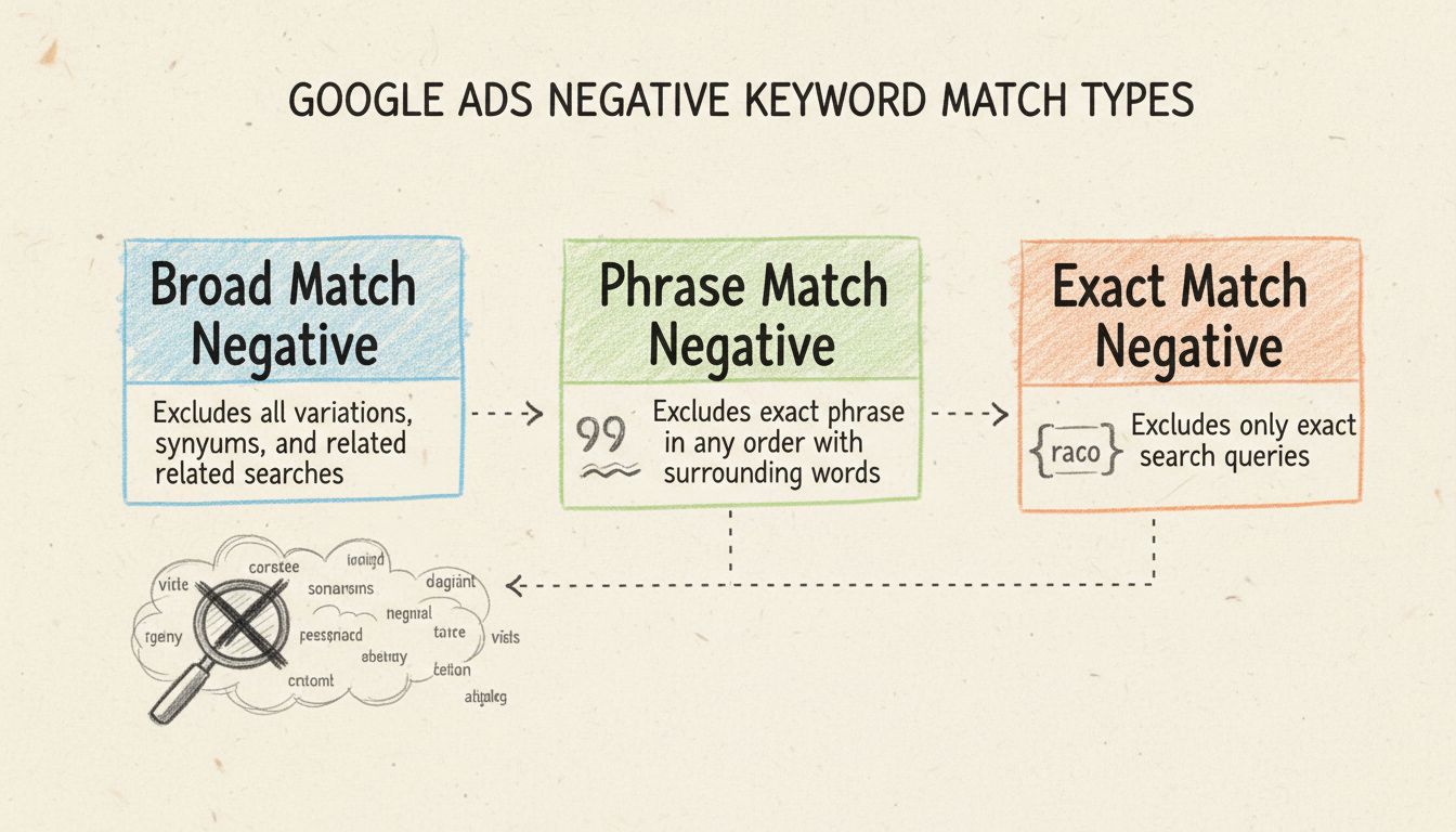 Hand-drawn diagram showing three types of negative keyword match types: Broad Match Negative excludes all variations and synonyms, Phrase Match Negative excludes exact phrase with surrounding words, Exact Match Negative excludes only exact search queries