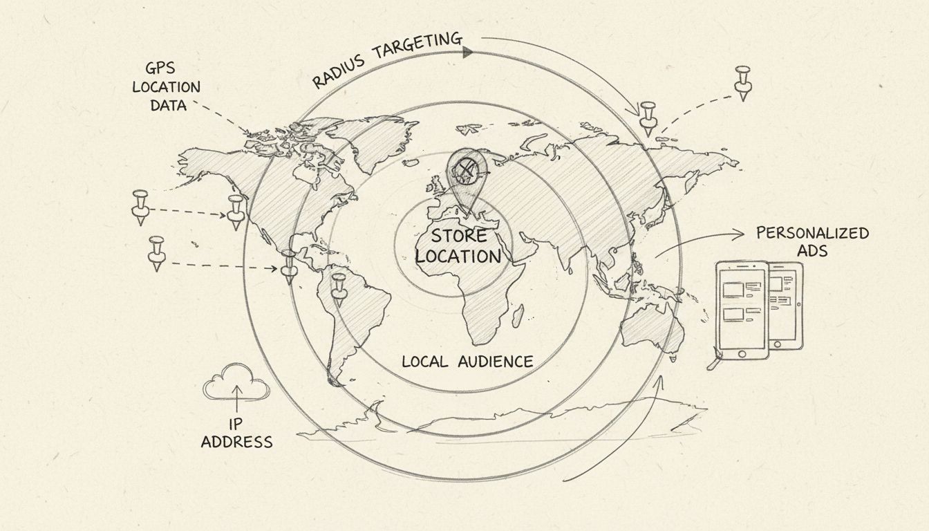 Diagrama dibujado a mano que muestra el concepto de geolocalización con un mapa, pines de ubicación, círculos concéntricos representando el radio de segmentación, y etiquetas para Datos de ubicación GPS, Dirección IP, Segmentación por radio, Audiencia local y Anuncios personalizados