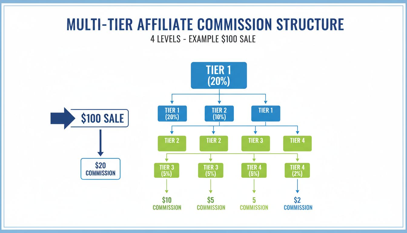 Diagrama de estructura de comisión multinivel mostrando 4 niveles con porcentajes de comisión y ejemplo de venta de $100