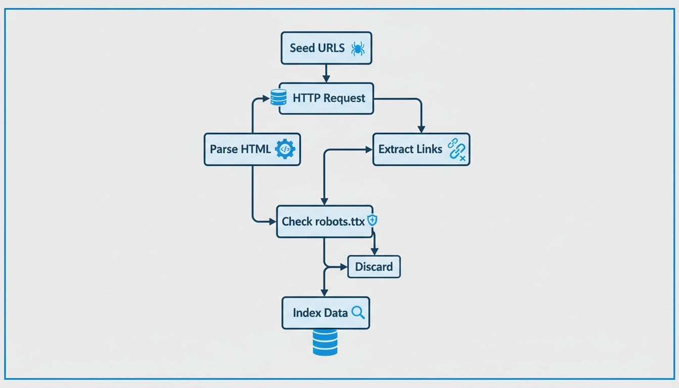 Diagrama de flujo del proceso de un rastreador web mostrando URLs semilla, solicitudes HTTP, análisis HTML, extracción de enlaces, verificación de robots.txt e indexación en base de datos