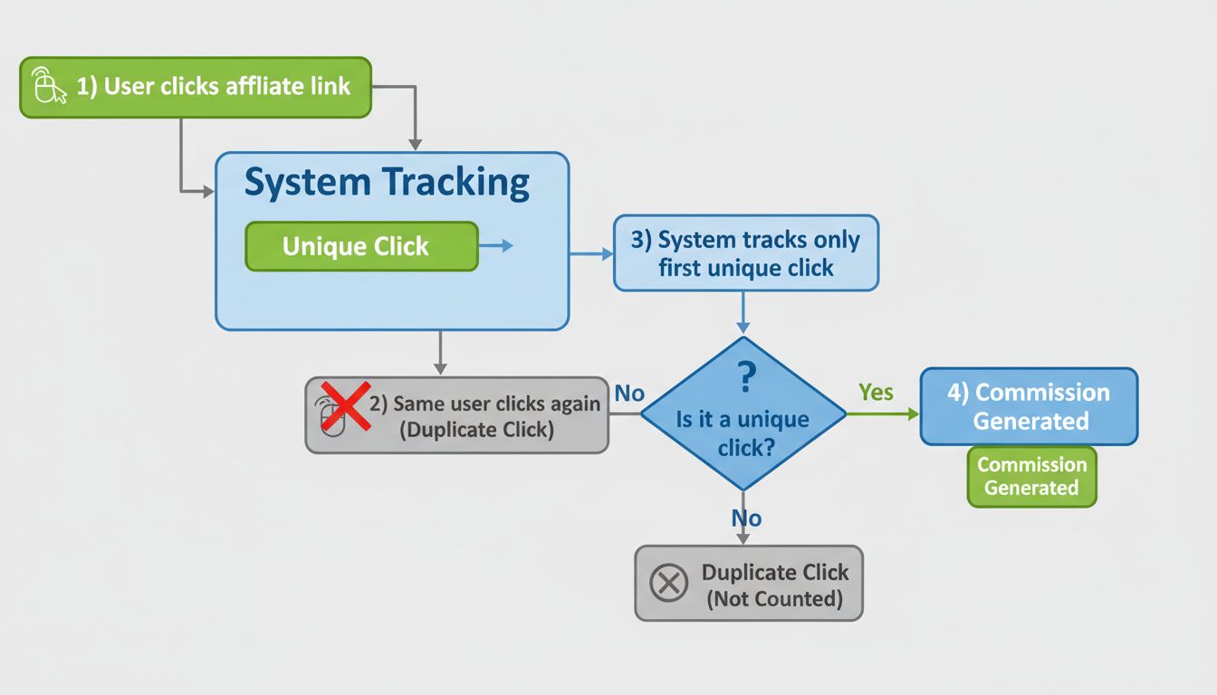 Diagrama de flujo del sistema de seguimiento de clics únicos que muestra el primer clic contado en verde, los clics duplicados tachados en gris y la generación de comisiones solo por clics únicos