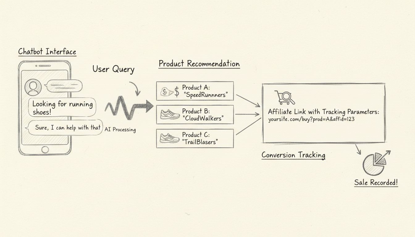 Diagrama dibujado a mano que muestra el flujo de trabajo de un chatbot en el marketing de afiliados, con consulta de usuario, procesamiento de IA, recomendaciones de producto y seguimiento de conversiones