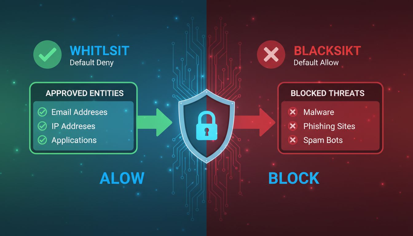 Diagrama de comparación de seguridad entre lista blanca y lista negra que muestra entidades aprobadas permitidas a través de la lista blanca y amenazas bloqueadas en la lista negra