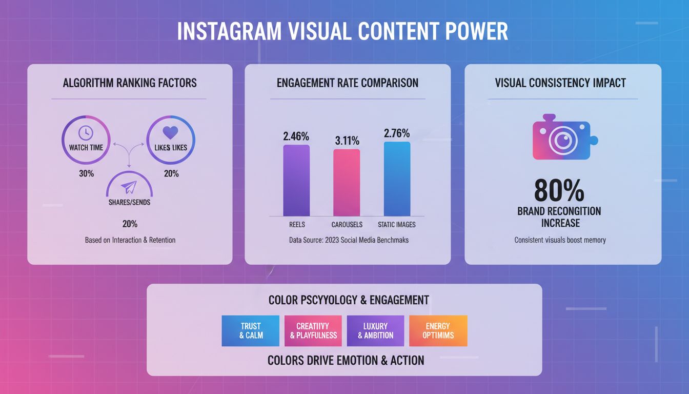 Infografía sobre la importancia del contenido visual en Instagram mostrando métricas de interacción, factores algorítmicos y psicología del color