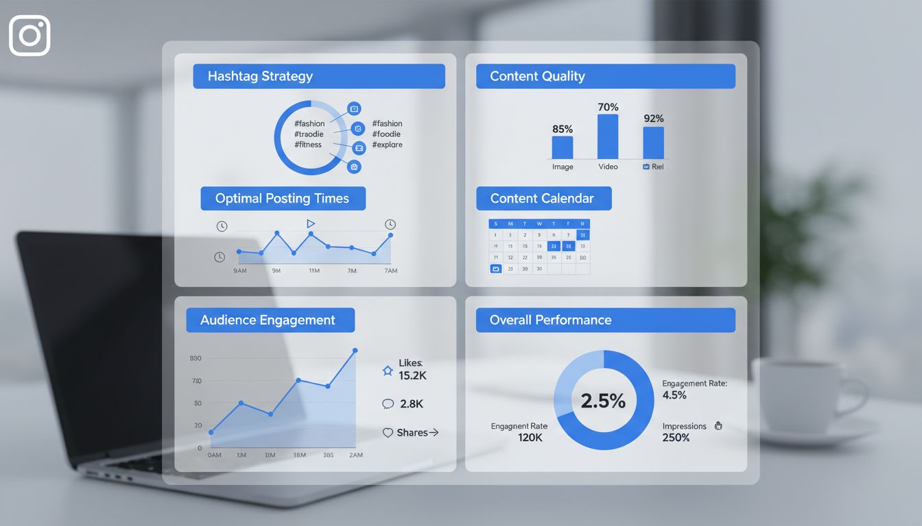 Panel de estrategia de marketing en Instagram con investigación de hashtags, analítica, calendario de contenidos y métricas de engagement