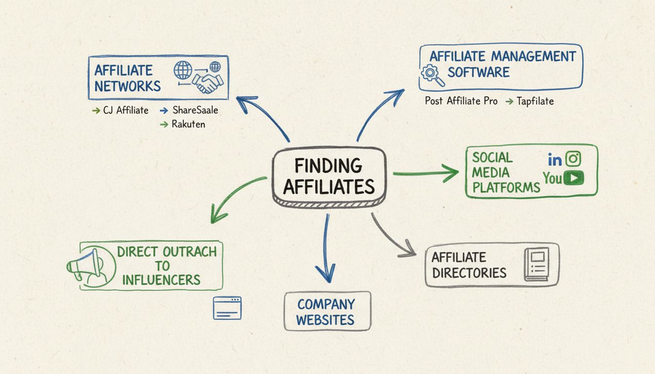 Diagrama dibujado a mano que muestra diferentes métodos para encontrar afiliados, incluyendo redes, software, influencers y plataformas de redes sociales