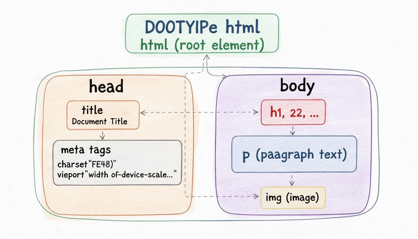 Diagrama de la estructura de un documento HTML mostrando DOCTYPE, elemento raíz html, sección head con metadatos y sección body con elementos de contenido
