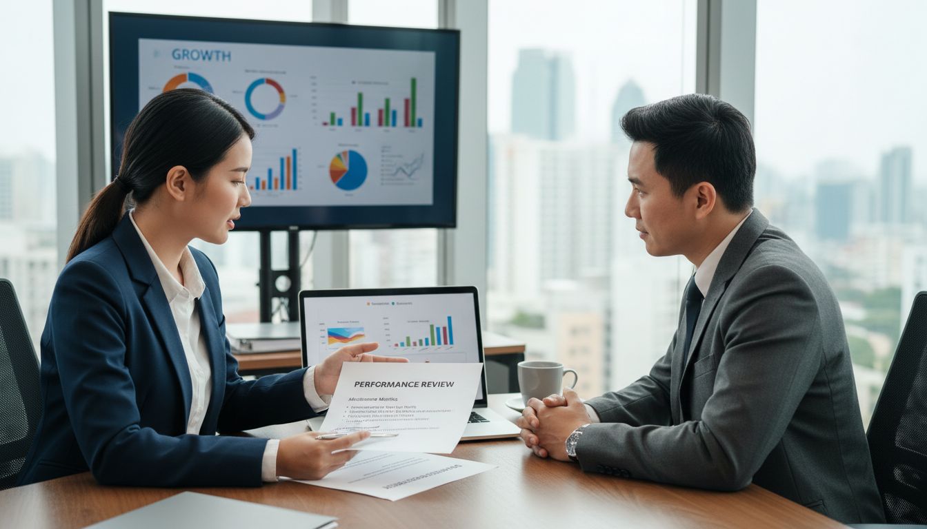 Reunión profesional entre empleado y gerente discutiendo aumento salarial con métricas de desempeño y documentos de logros