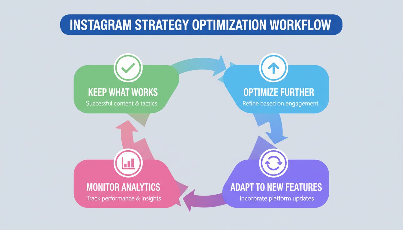 Flujo de optimización de estrategia en Instagram mostrando Conserva lo que funciona, Optimiza más, Adáptate a nuevas funciones y Monitorea análisis